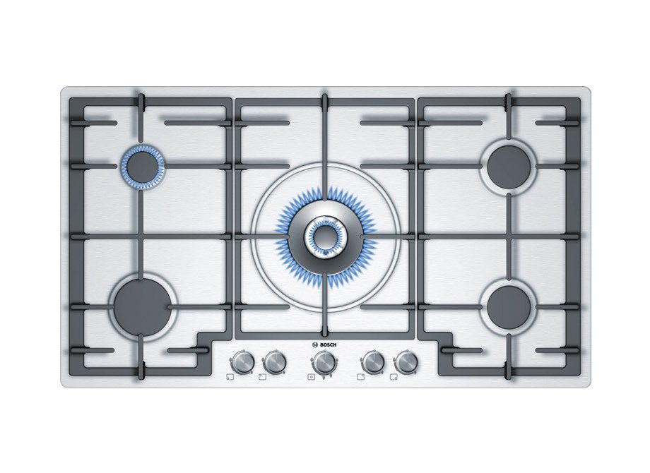 Bosch 5 Burner Gas Hob In Brushed Steel With Wok Style Central Burner