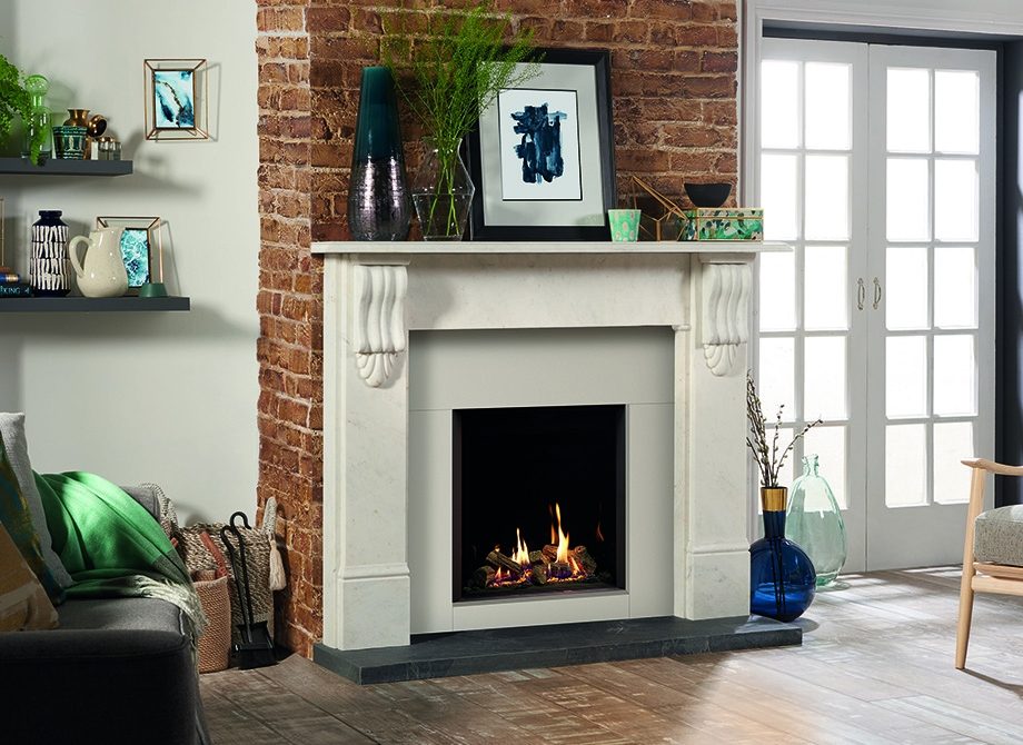 Riva2 600 Hl Edge With Echo Flame Black Glass Lining Shown With Stovax Victorian Corbel Stone Mantel In Antique White Marble