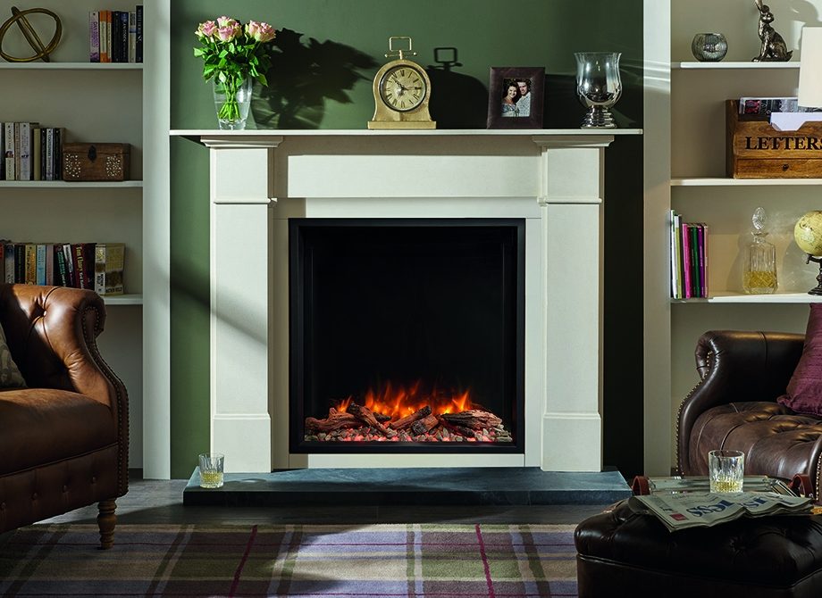 Skope 75 R Inset With Log Pebble Fuel Effects In Claremont Limestone Mantel