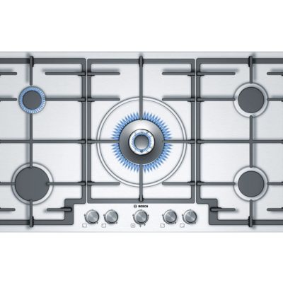 Bosch 5 Burner Gas Hob In Brushed Steel With Wok Style Central Burner