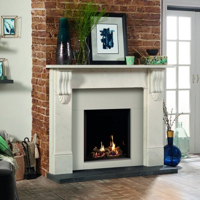 Riva2 600 Hl Edge With Echo Flame Black Glass Lining Shown With Stovax Victorian Corbel Stone Mantel In Antique White Marble